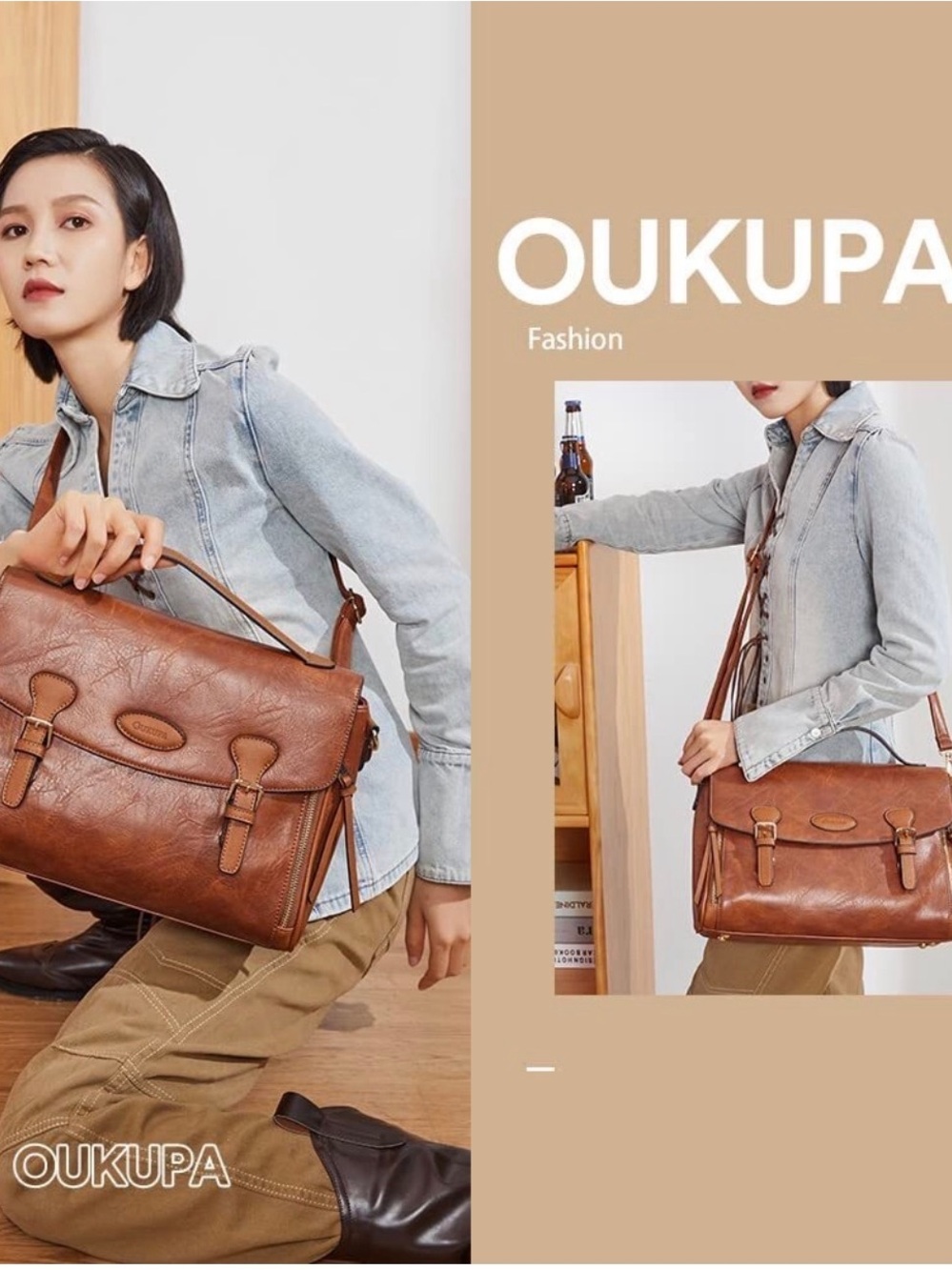 Vintage Messenger Bag Brown Faux Leather with Buckle Detail Laptop Crossbody